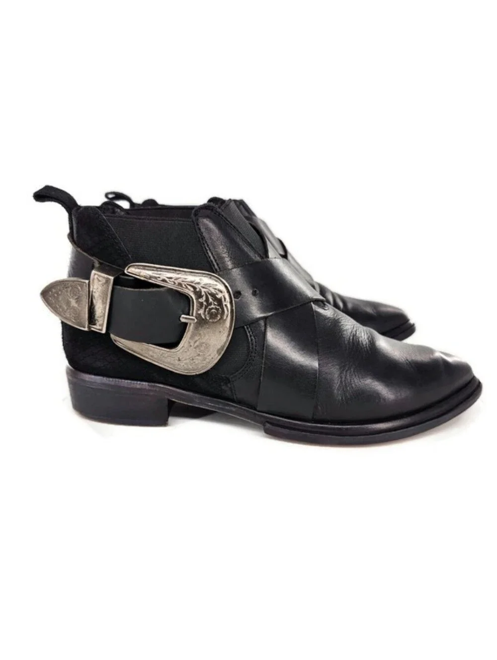 Free People Maverick Chelsea Black Leather Silver Etched Buckle Ankle Boots
